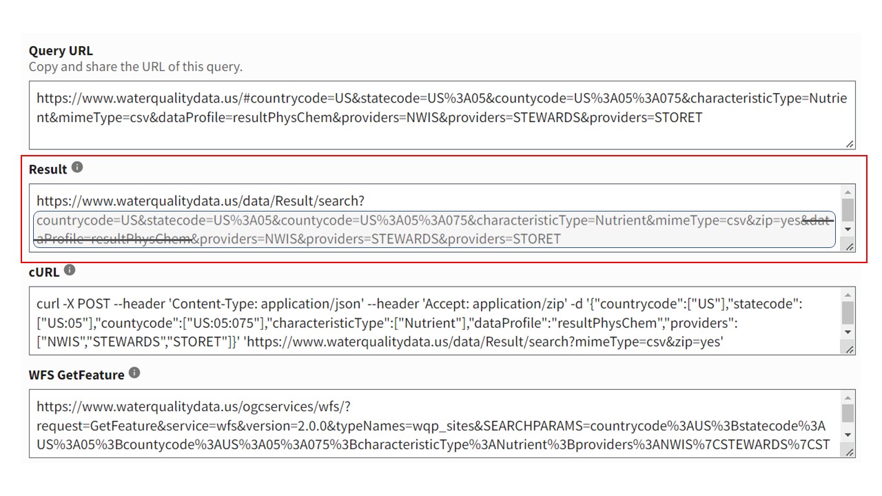 Illustration of using the Results URL in the WQP web interface for constructing a summary services URL. 